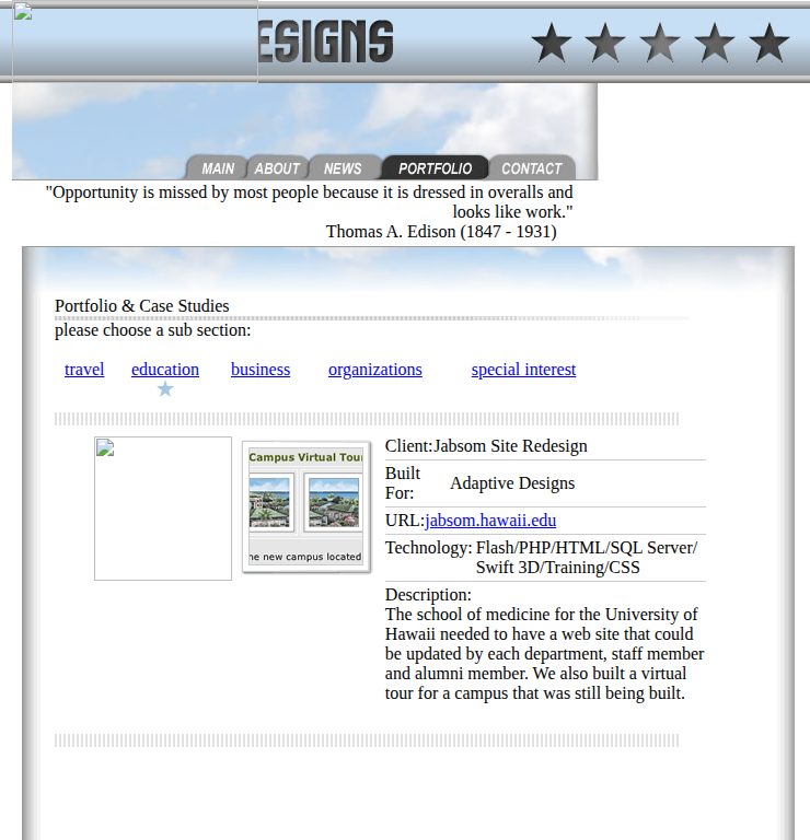 The education case study in 2006: the JABSOM site redesign, built in Flash, PHP, HTML and SQL Server.