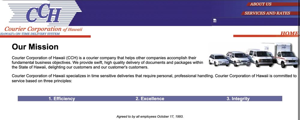 Courier Corporation of Hawaii's home page in 2001: a blue banner with the CCH logo, Our Mission, a row of delivery vans, and three principles: Efficiency, Excellence and Integrity.