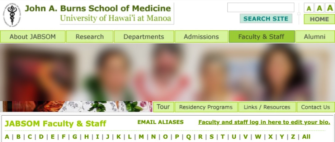The school's Faculty and Staff page, with a link reading: Faculty and staff log in here to edit your bio.