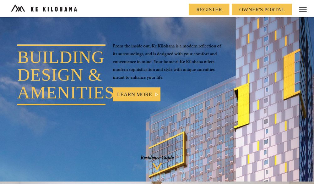 The Ke Kilohana site: a yellow-on-white header with Register and Owner's Portal buttons above a full-width photo of the tower, titled Building Design and Amenities.