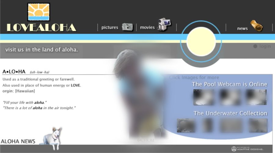 lovealoha.com in 2002: a dark header with a sunrise logo, pictures, movies and news, the word aloha defined, a pool webcam and an underwater collection.