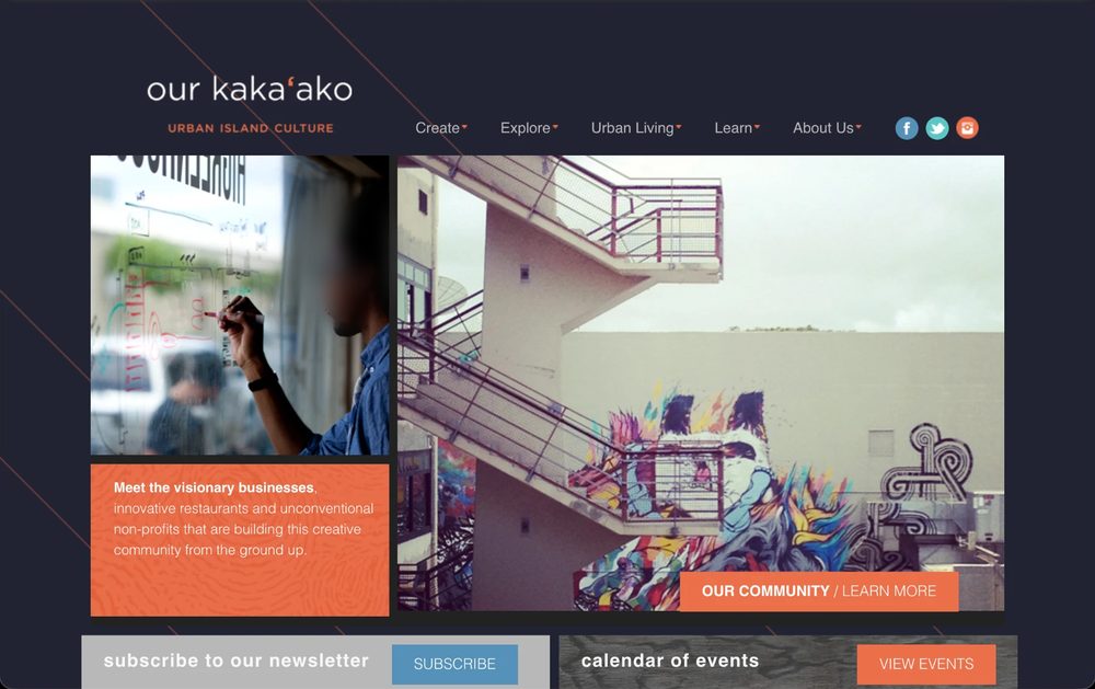 The Our Kaka'ako site in 2014: urban island culture, a dark page with orange panels, a mural on a stairwell, and newsletter and events bars.